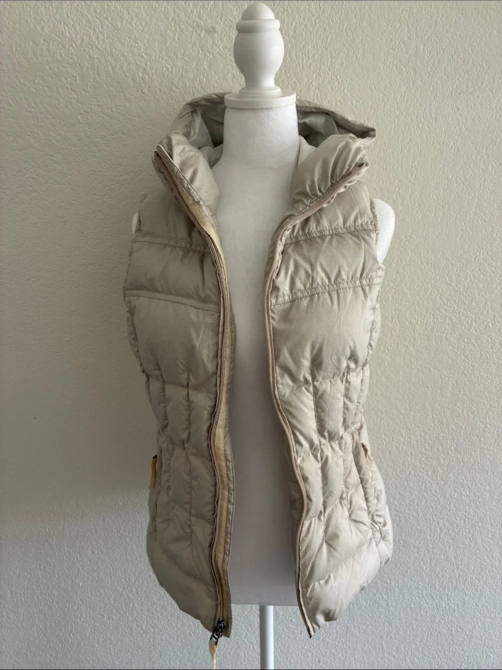 Prana Ivory-Beige Herringbone Down Fill Hooded Puffer Vest
